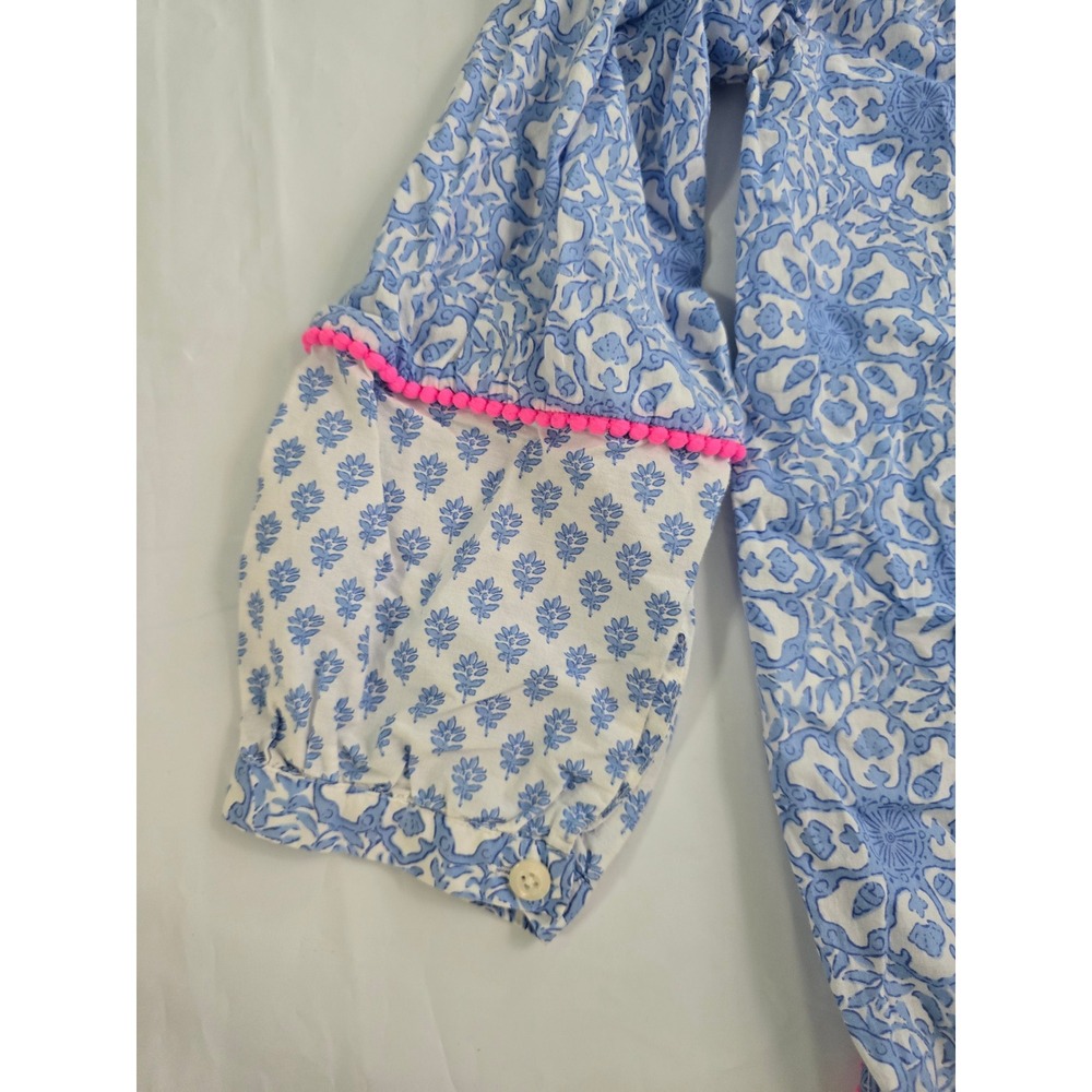 Vineyard Vines Blue White Block Print Pom Pom Trim Blouse Top XS 2K001306 - Picture 13 of 15